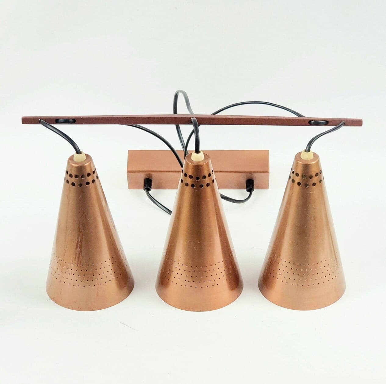 Lampa wisząca, miedź złocista, teak brązowy, proj. H.-A. Jakobsson, Szwecja, lata 50. - 294603