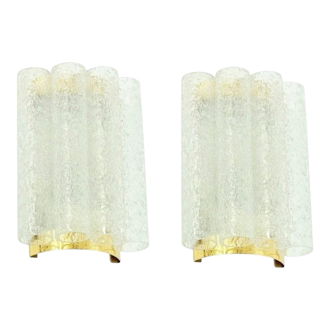 Para kinkietów, Ice Glass, szkło transparent, mosiądz, Doria Leuchten, Niemcy, lata 60.