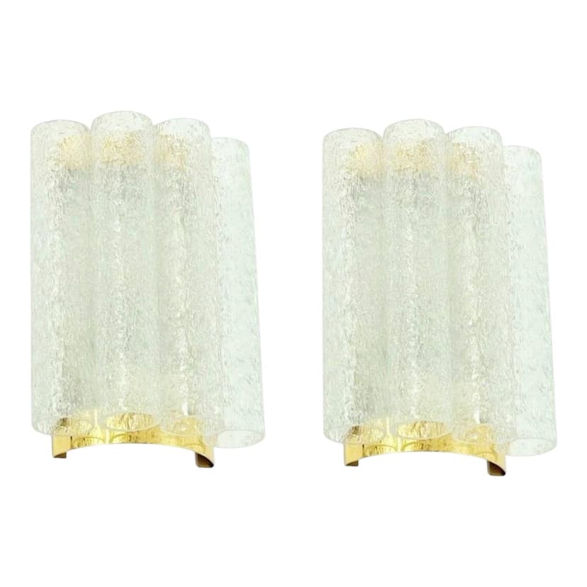 Para kinkietów, Ice Glass, szkło transparent, mosiądz, Doria Leuchten, Niemcy, lata 60.