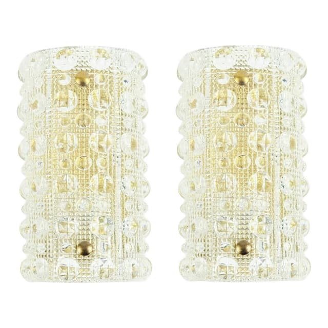 Para kinkietów 'Venus', szkło kryształowe transparentne, mosiądz, proj. C. Fagerlund, Orrefors, Szwecja, lata 60. - WYMIARY