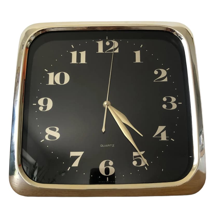 Zegar ścienny modernistyczny, czarny, plastik złoty, Japonia, lata 80.