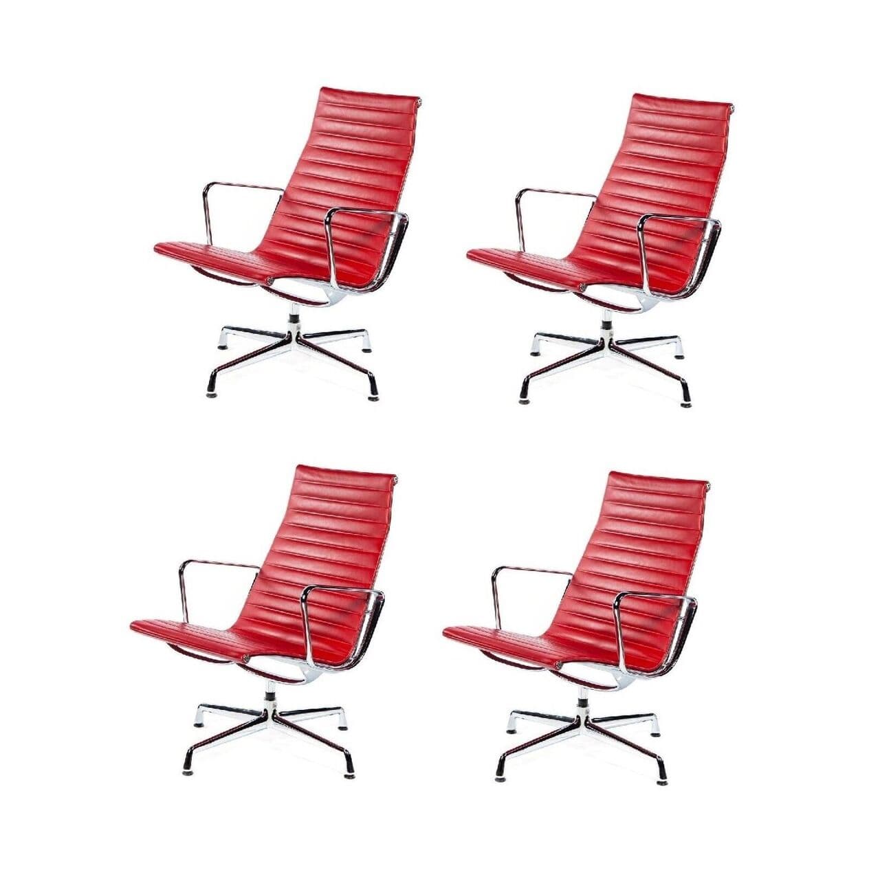 Lounge Chair EA116, red leather, silver aluminium, by C. & R. Eames, Vitra, Poland, 1990s. - 294642