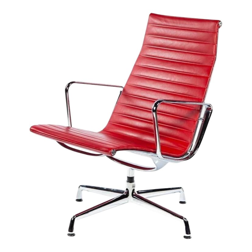 Lounge Chair EA116, red leather, silver aluminium, by C. & R. Eames, Vitra, Poland, 1990s.