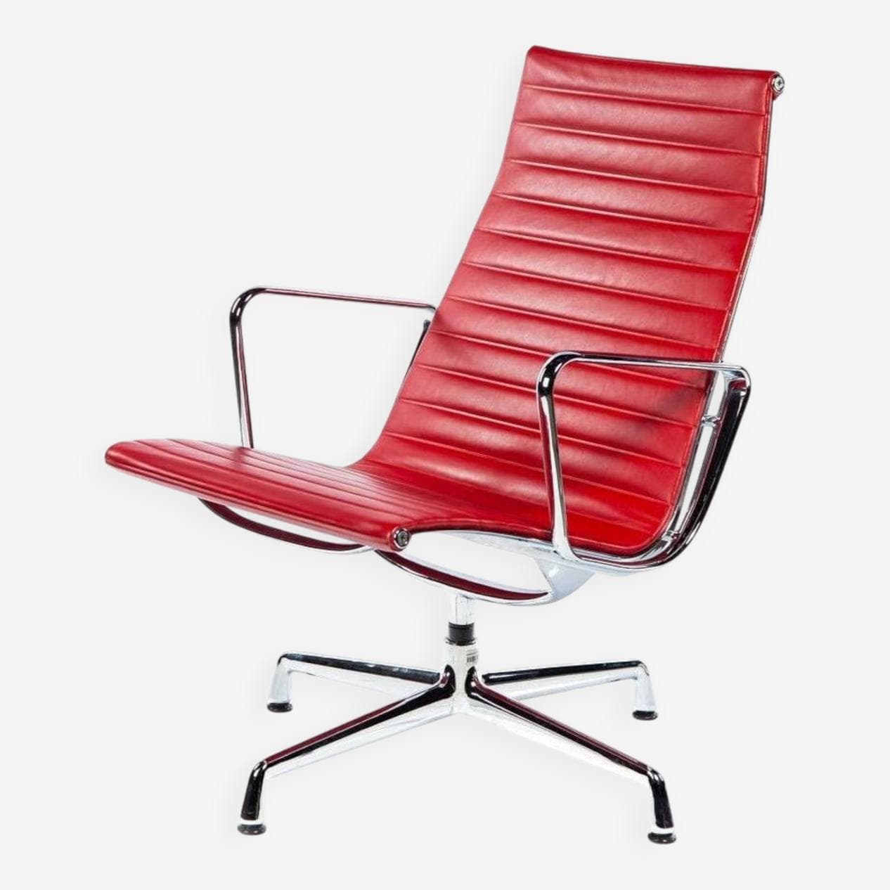 Lounge Chair EA116, red leather, silver aluminium, by C. & R. Eames, Vitra, Poland, 1990s. - 294643