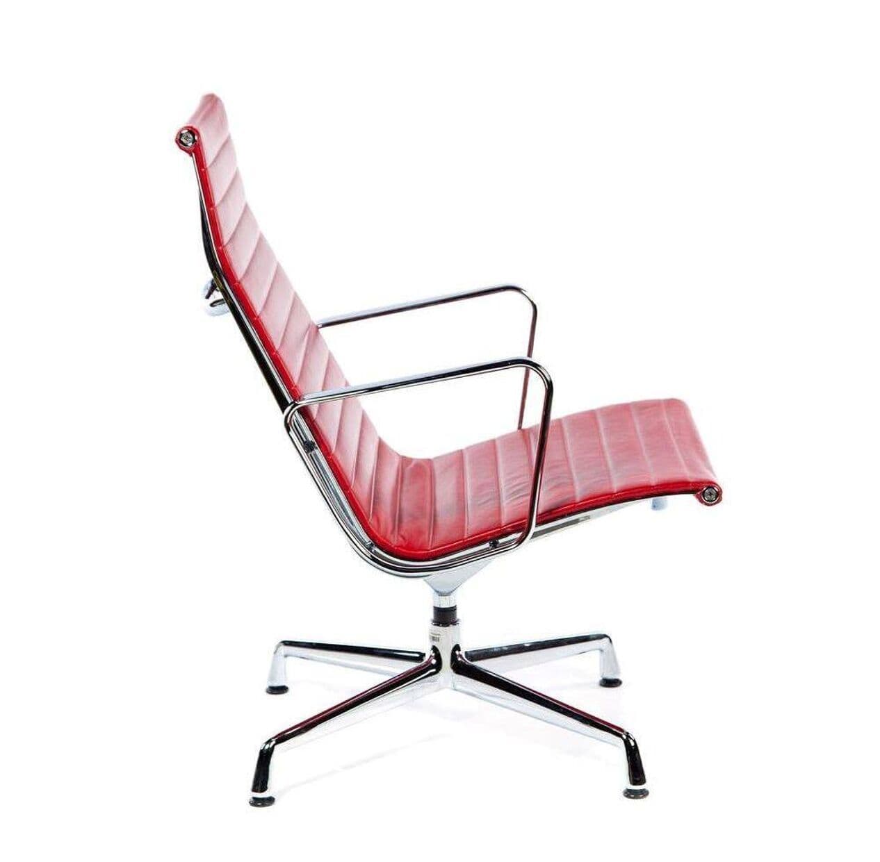 Lounge Chair EA116, red leather, silver aluminium, by C. & R. Eames, Vitra, Poland, 1990s. - 294645