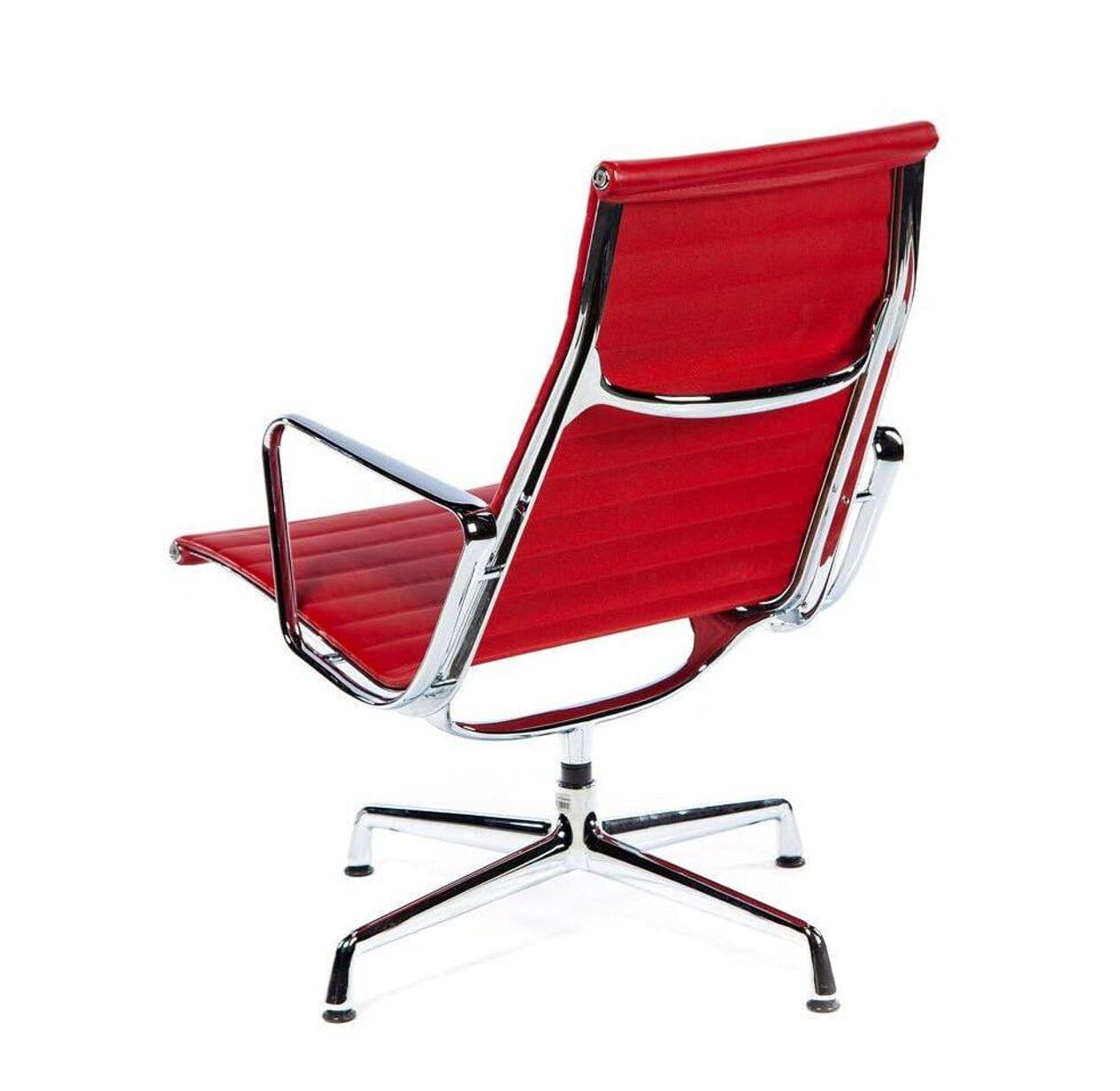 Lounge Chair EA116, red leather, silver aluminium, by C. & R. Eames, Vitra, Poland, 1990s. - 294647