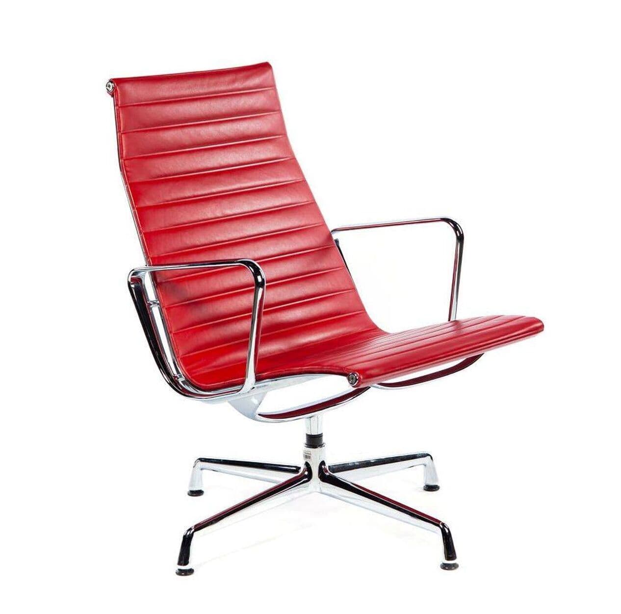 Lounge Chair EA116, red leather, silver aluminium, by C. & R. Eames, Vitra, Poland, 1990s. - 294644
