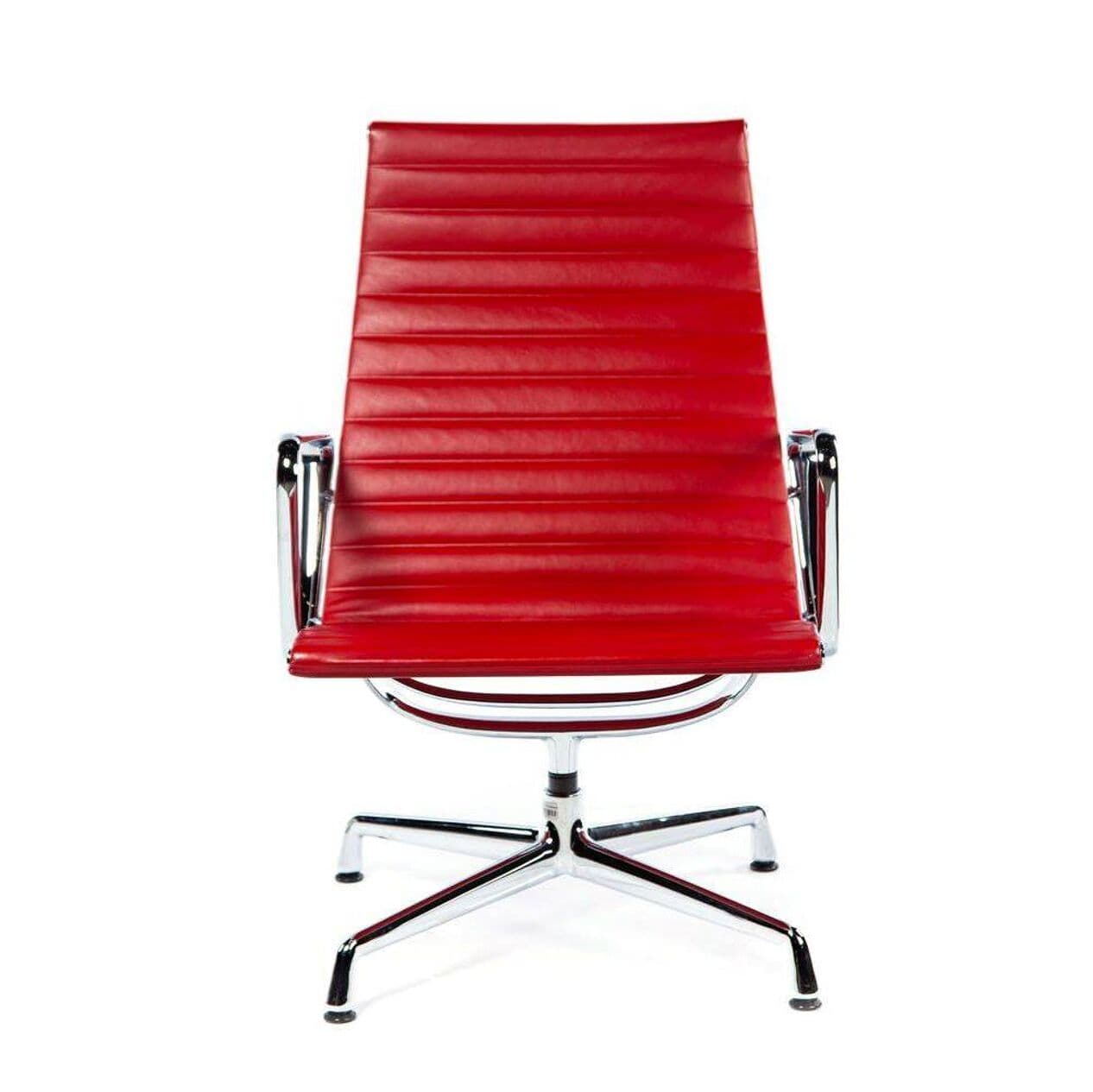 Lounge Chair EA116, red leather, silver aluminium, by C. & R. Eames, Vitra, Poland, 1990s. - 294646