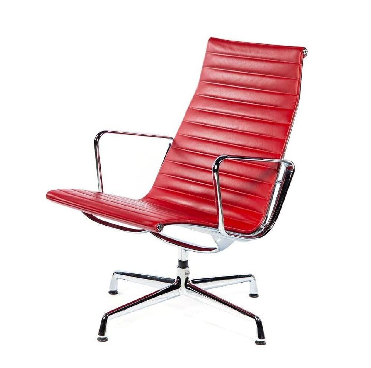 Lounge Chair EA116, red leather, silver aluminium, by C. & R. Eames, Vitra, Poland, 1990s. - 294651