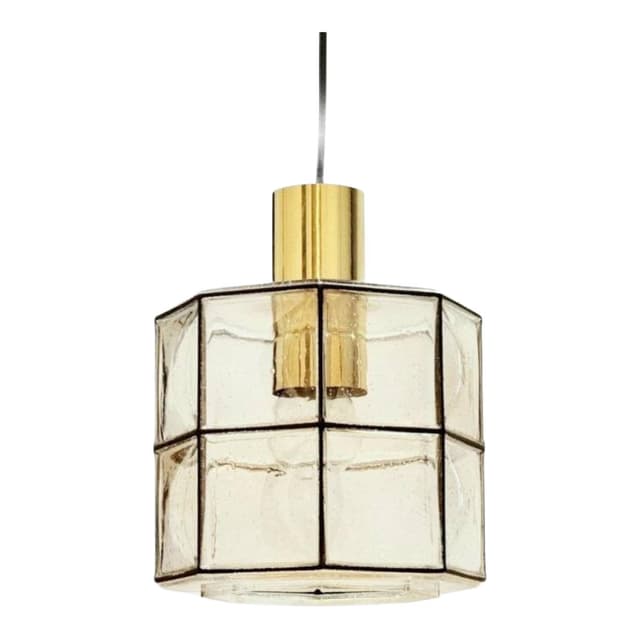 Lampa wisząca, szkło transparentne, mosiądz złoty, żelazo czarne, Limburg, Niemcy, lata 60. - WYMIARY