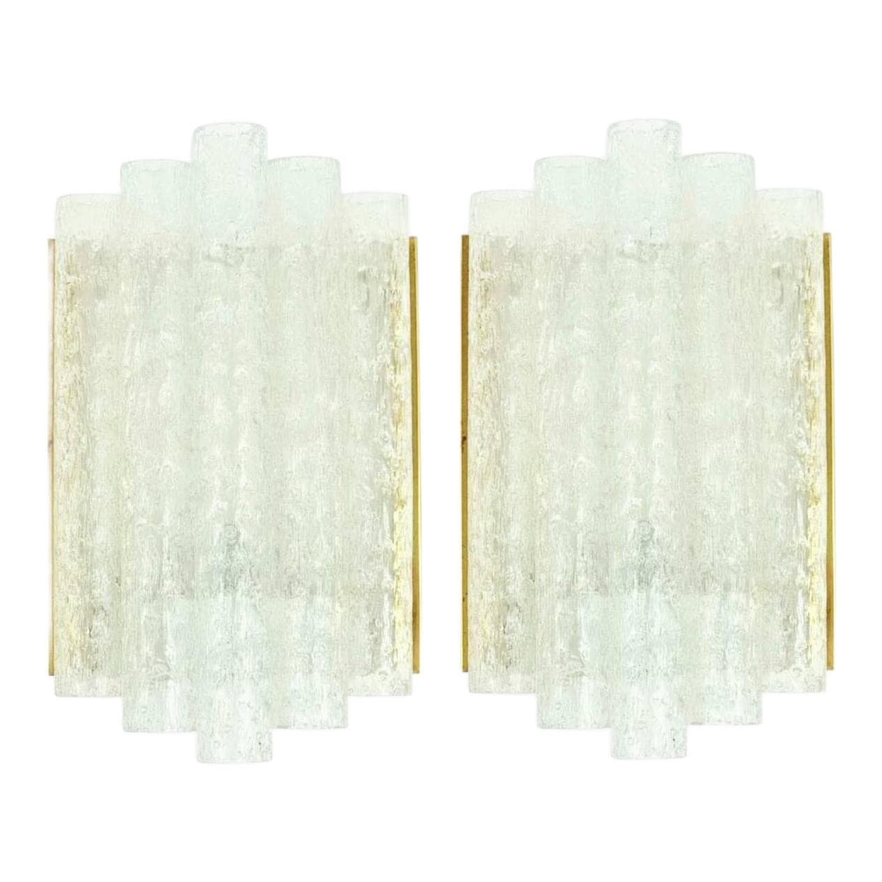 Para kinkietów, Ice Glass, szkło transparent, mosiądz, Doria Leuchten, Niemcy, lata 60.