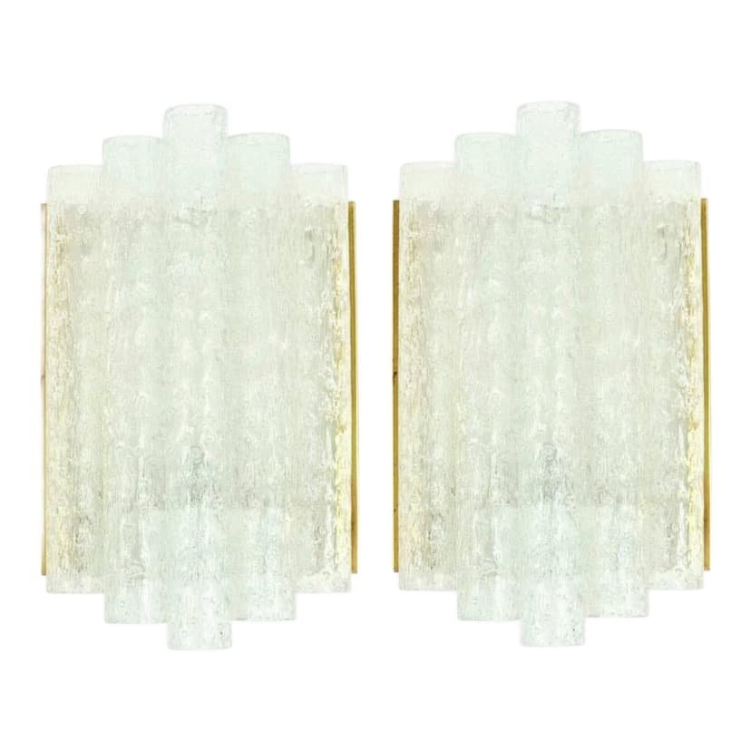 Para kinkietów, Ice Glass, szkło transparent, mosiądz, Doria Leuchten, Niemcy, lata 60.