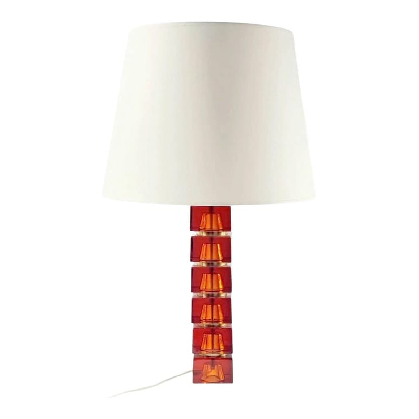 Lampa stołowa, szkło bursztynowe, mosiądz, proj. Carl Fagerlund, Orrefors, Szwecja, lata 60.