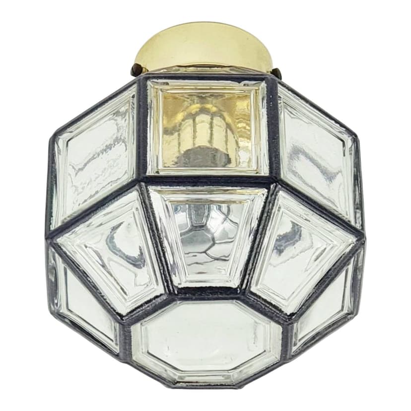 Lampa sufitowa, szkło transparentne, metal czarny, mosiądz złoty, Limburg, Niemcy, lata 60.