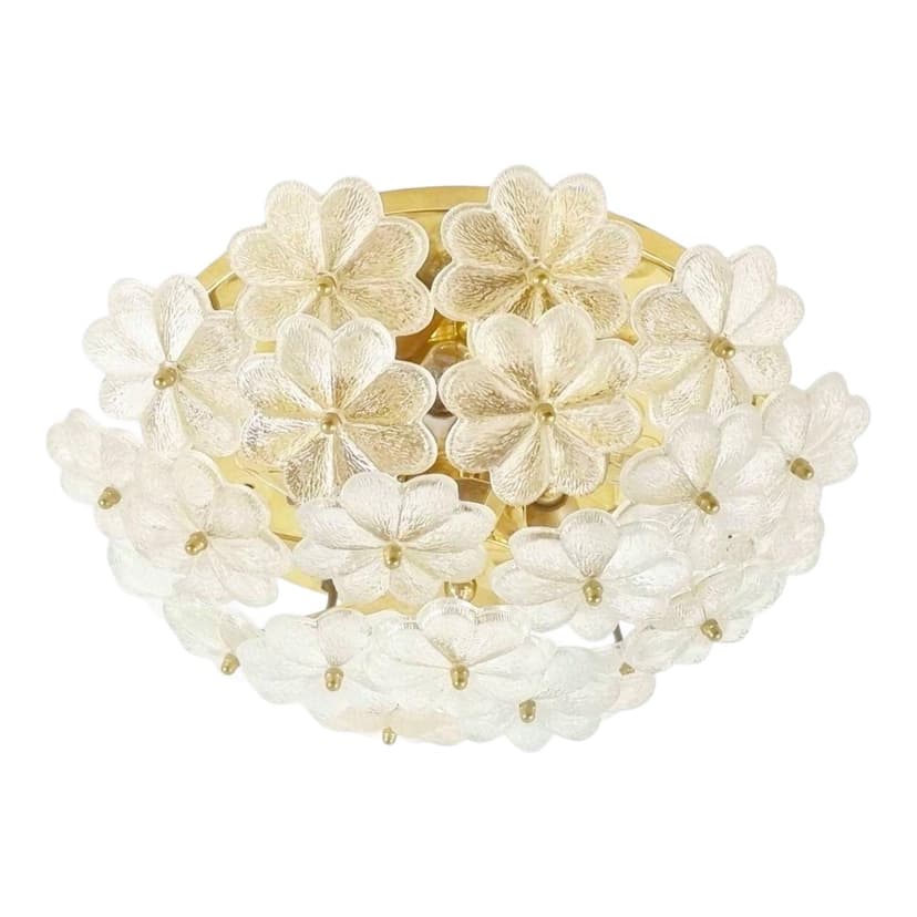 Lampa sufitowa, kwiatowa, szkło transparentne, mosiądz złoty, Niemcy, lata 70.