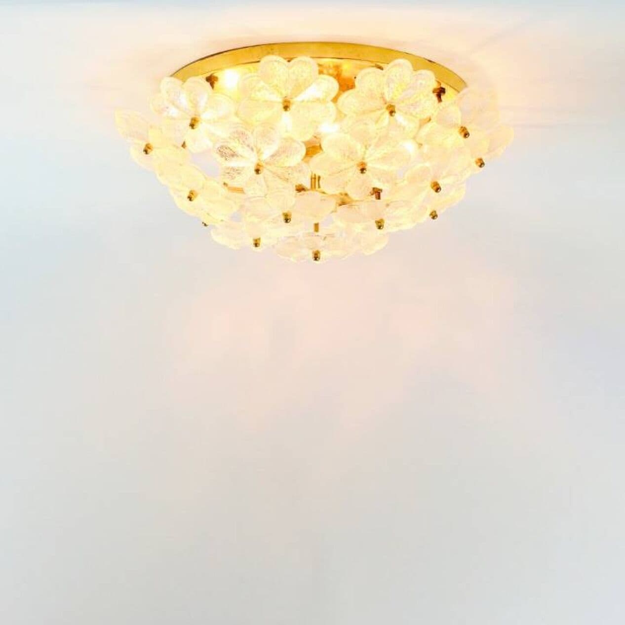 Lampa sufitowa, kwiatowa, szkło transparentne, mosiądz złoty, Niemcy, lata 70. - 296656