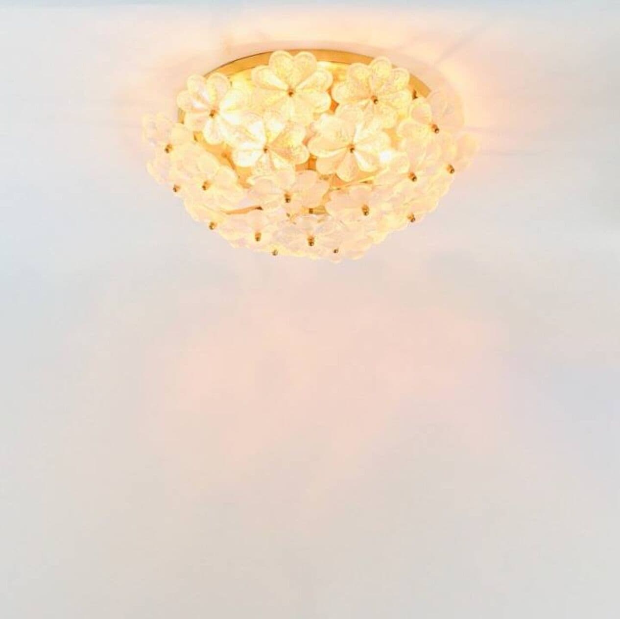Lampa sufitowa, kwiatowa, szkło transparentne, mosiądz złoty, Niemcy, lata 70. - 296655