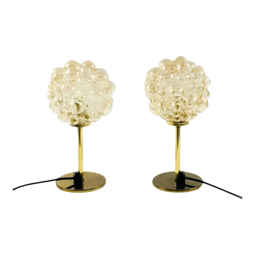 Para lamp stołowych Bubble, szkło transparentne bursztynowe, mosiądz złoty, proj. H. Tynell, Niemcy, lata 60.