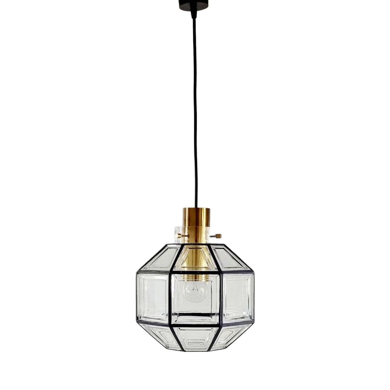 Lampa sufitowa ośmiokątna, szkło transparentne, żelazo czarne, mosiądz, Limburg, Niemcy, lata 60. - 296587