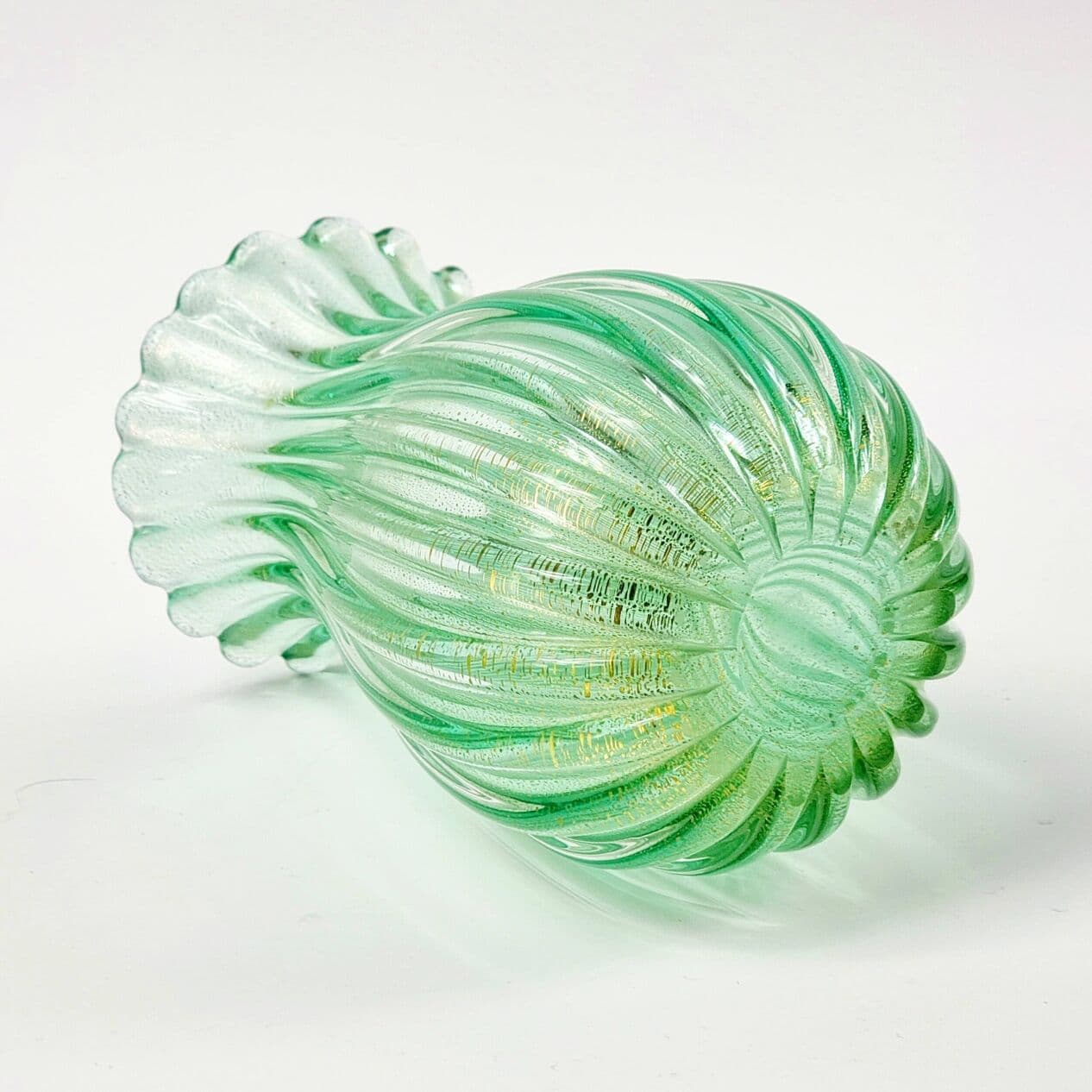 Ribbed vase, green gold transparent, glass crystal, by A. Seguso, Italy, 1960s. - 296539