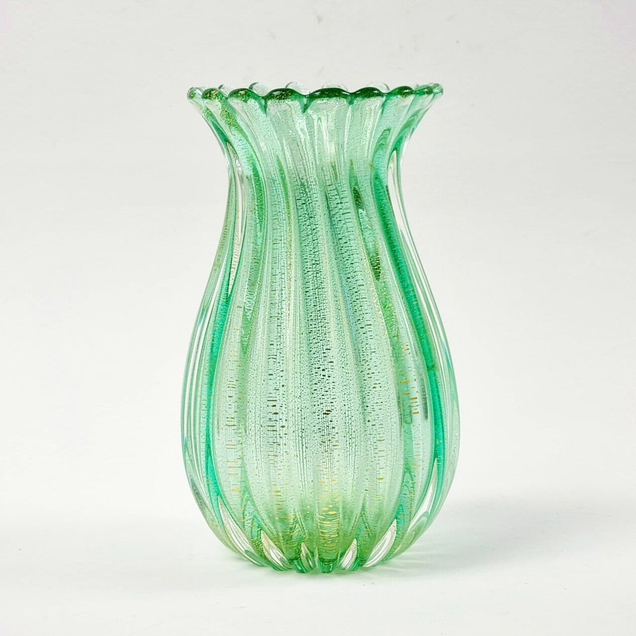 Ribbed vase, green gold transparent, glass crystal, by A. Seguso, Italy, 1960s. - 296533
