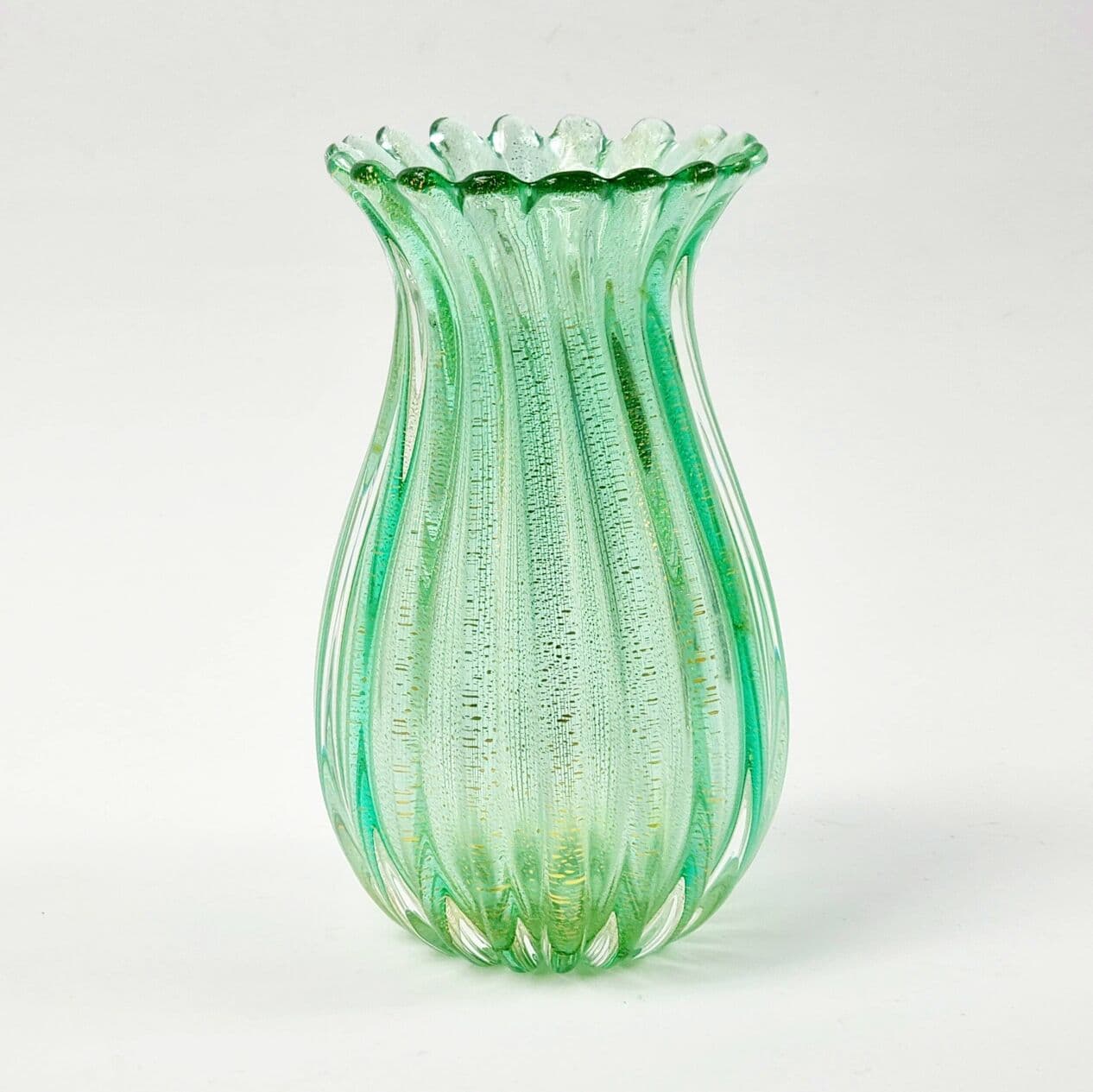 Ribbed vase, green gold transparent, glass crystal, by A. Seguso, Italy, 1960s. - 296540
