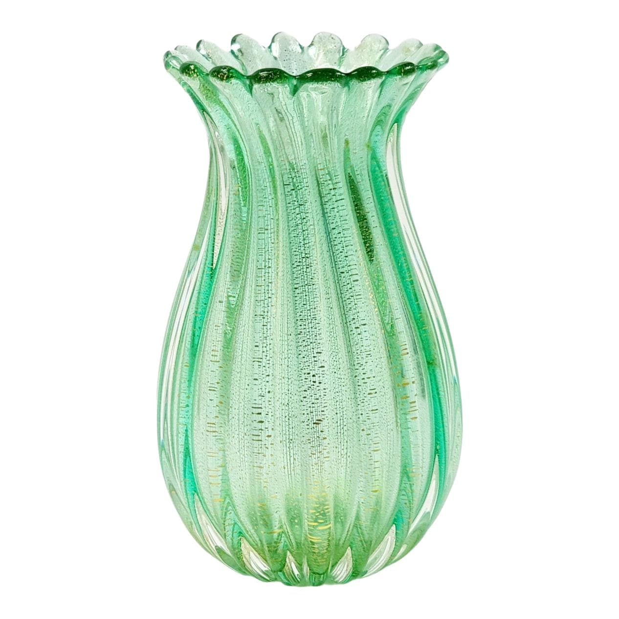 Ribbed vase, green gold transparent, glass crystal, by A. Seguso, Italy, 1960s.