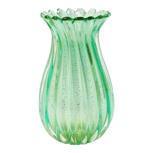 Ribbed vase, green gold transparent, glass crystal, by A. Seguso, Italy, 1960s. - DIMENSION