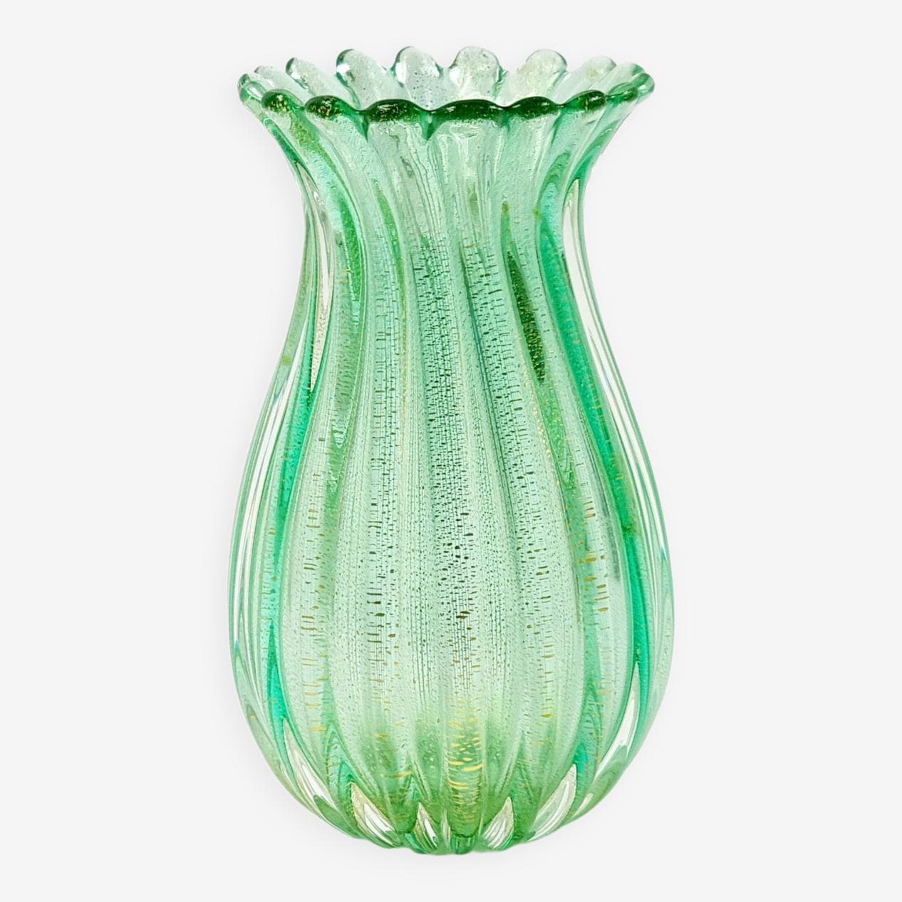 Ribbed vase, green gold transparent, glass crystal, by A. Seguso, Italy, 1960s. - 296541