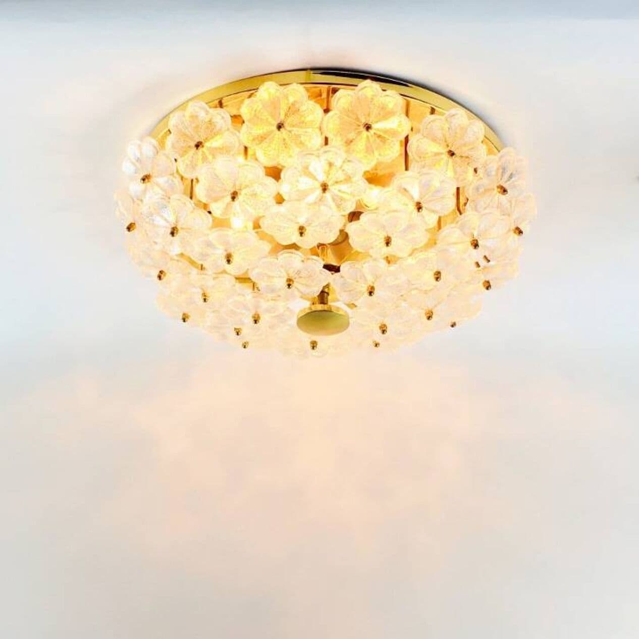 Plafon sufitowy floral, szkło murano transparentne złociste, mosiądz złoty, Niemcy, lata 70. - 296527