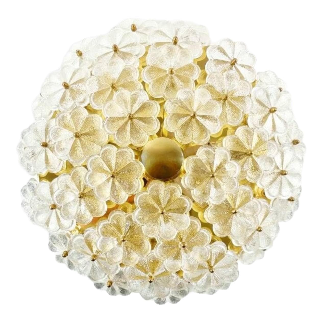 Plafon sufitowy floral, szkło murano transparentne złociste, mosiądz złoty, Niemcy, lata 70.