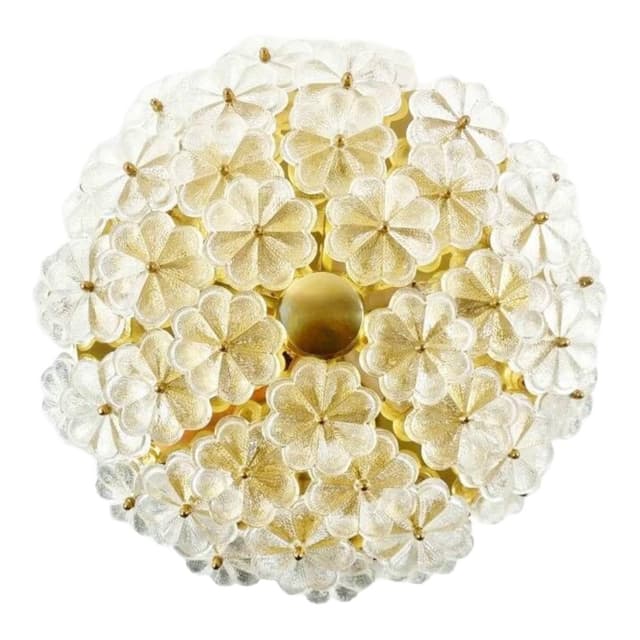 Plafon sufitowy floral, szkło murano transparentne złociste, mosiądz złoty, Niemcy, lata 70. - WYMIARY