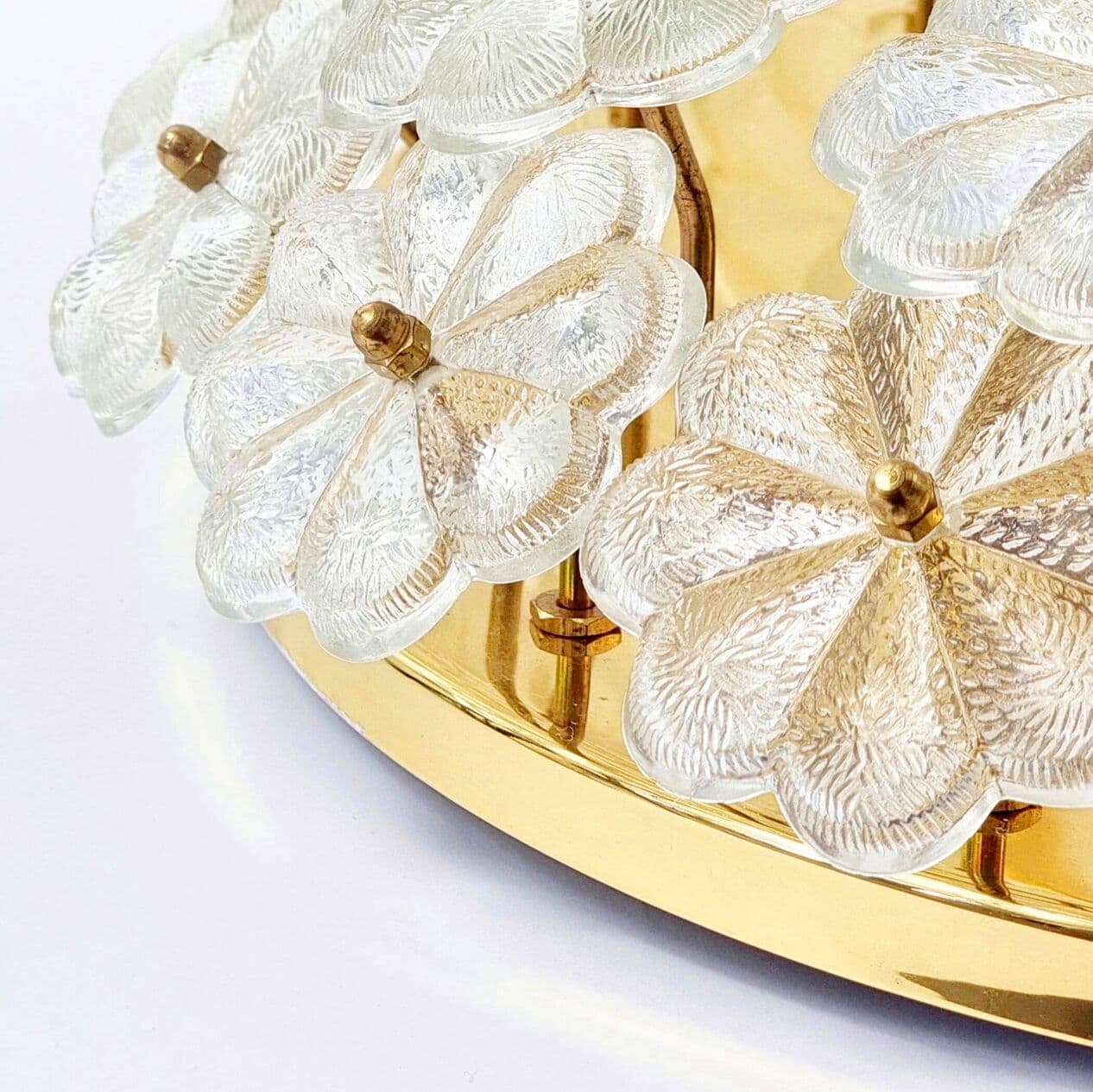Plafon sufitowy floral, szkło murano transparentne złociste, mosiądz złoty, Niemcy, lata 70. - 296530