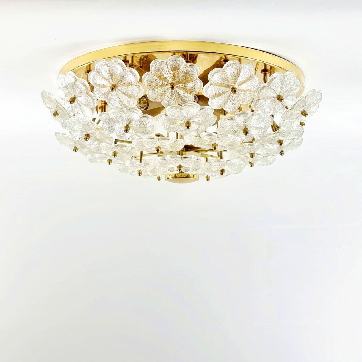 Plafon sufitowy floral, szkło murano transparentne złociste, mosiądz złoty, Niemcy, lata 70. - 296525