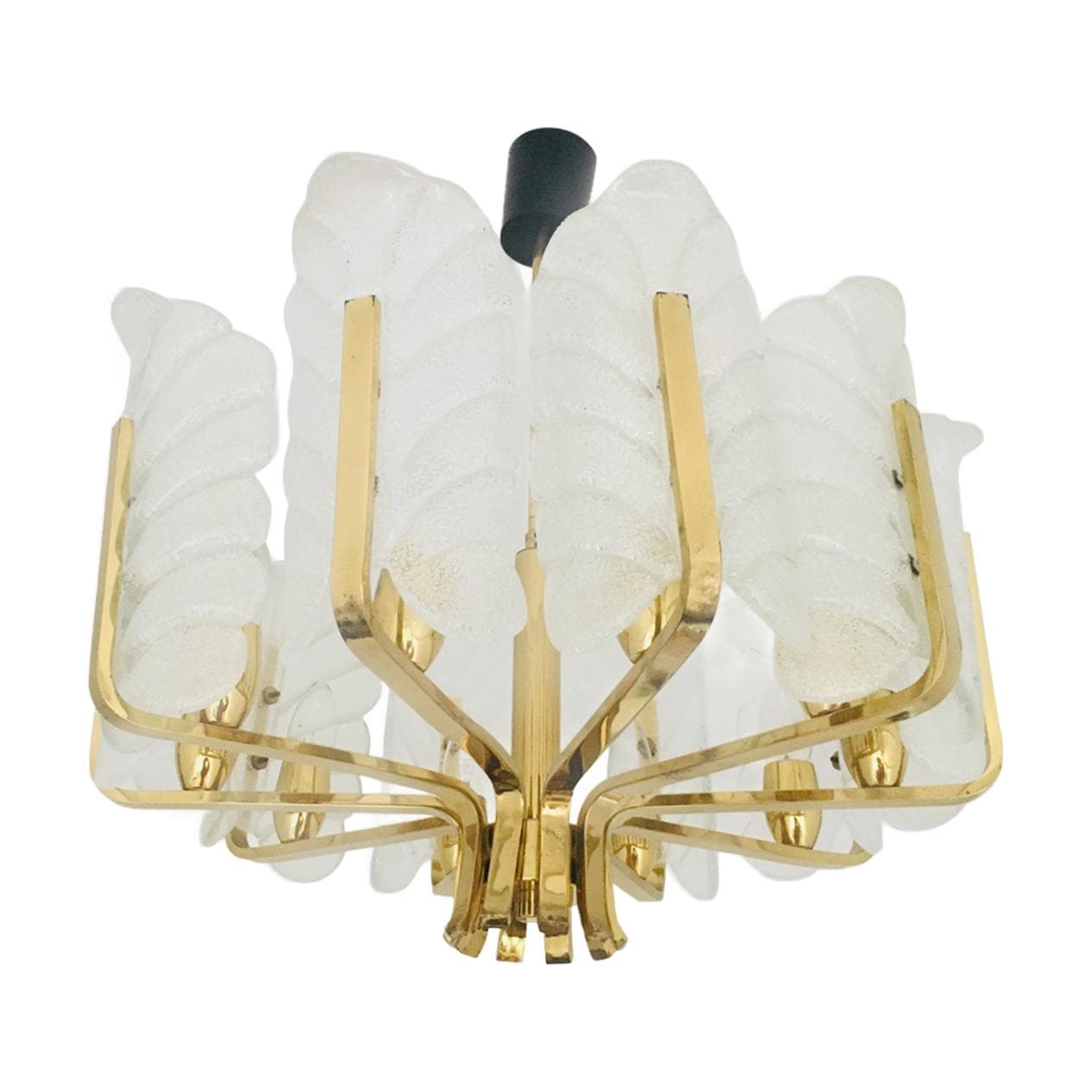 Żyrandol, dziesięcioramienny, mosiądz, szkło transparentne, proj. Carl Fagerlund, Orrefors, Szwecja, lata 60.