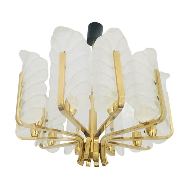 Żyrandol, dziesięcioramienny, mosiądz, szkło transparentne, proj. Carl Fagerlund, Orrefors, Szwecja, lata 60. - WYMIARY