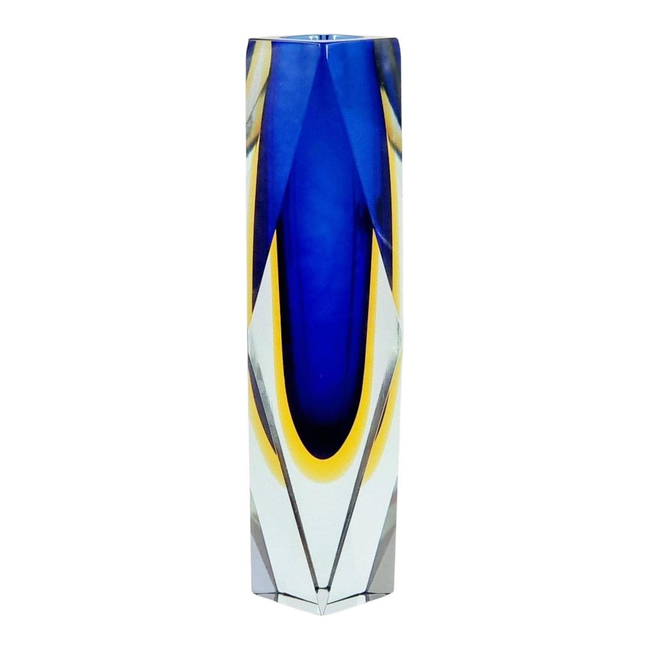 Vase Sommerso, blue yellow transparent, glass crystal, by F. Poli, Italy, 1970s.