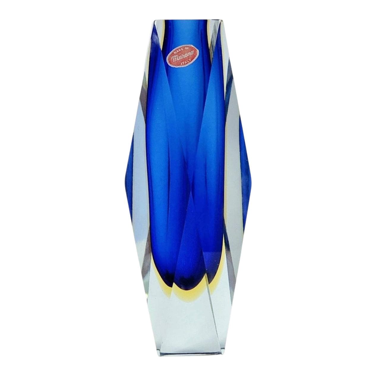 Vase Sommerso, blue yellow transparent, glass crystal, by F. Poli, Italy, 1970s.