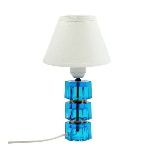 Lampa stołowa, niebieskie szkło, mosiądz, proj. C. Fagerlund, Orrefors, Szwecja, lata 60. - WYMIARY