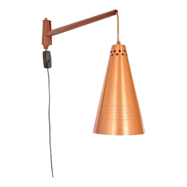 Lampa ścienna, miedź złota, teak brązowy, proj. H.-A. Jakobsson, Szwecja, lata 60. - WYMIARY
