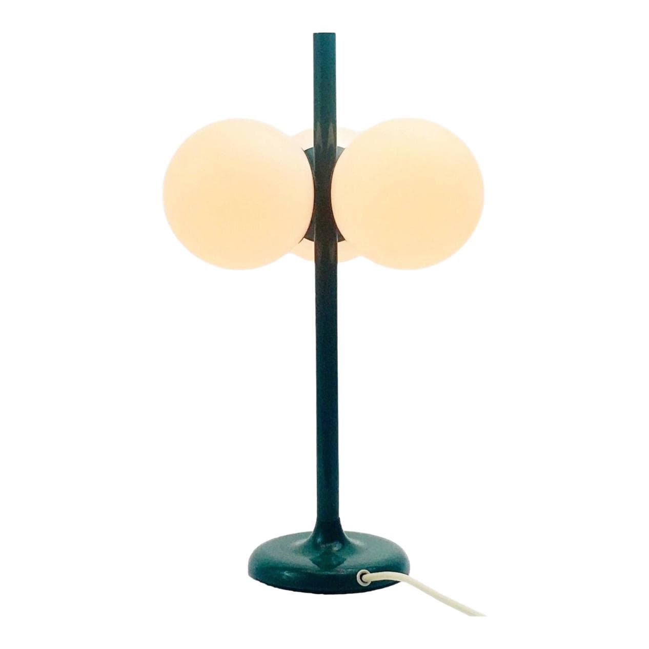 Lampa stołowa Space Age, szkło białe, metal zielony, Kaiser Leuchten, Niemcy, lata 60.