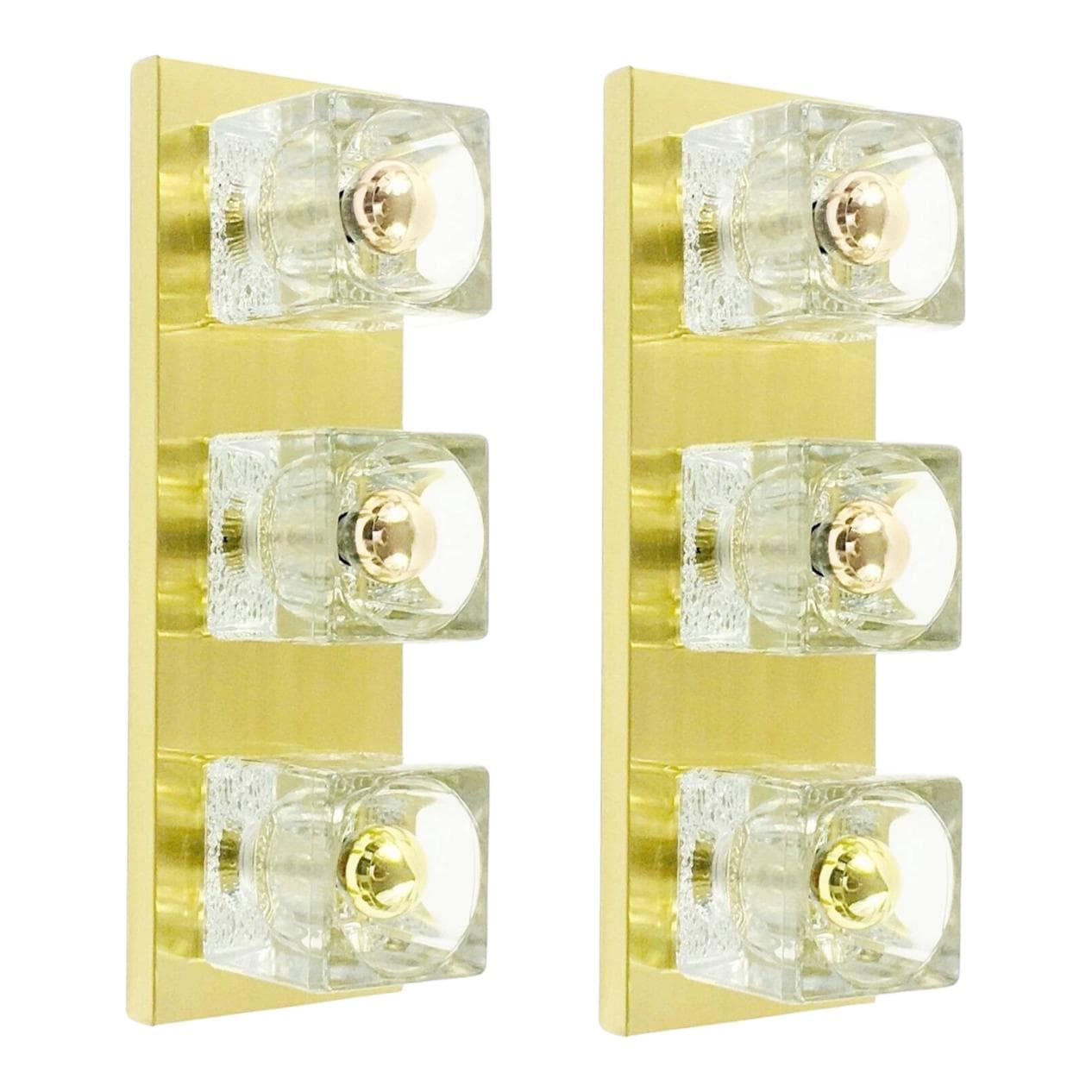 Para kinkietów, kryształ transparentny, mosiądz złoty, Peill & Putzler, Niemcy, lata 70.