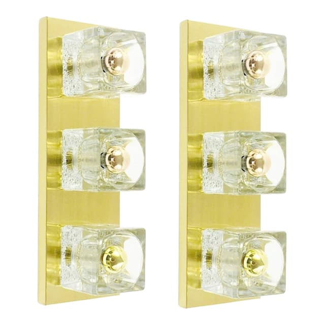 Para kinkietów, kryształ transparentny, mosiądz złoty, Peill & Putzler, Niemcy, lata 70. - WYMIARY