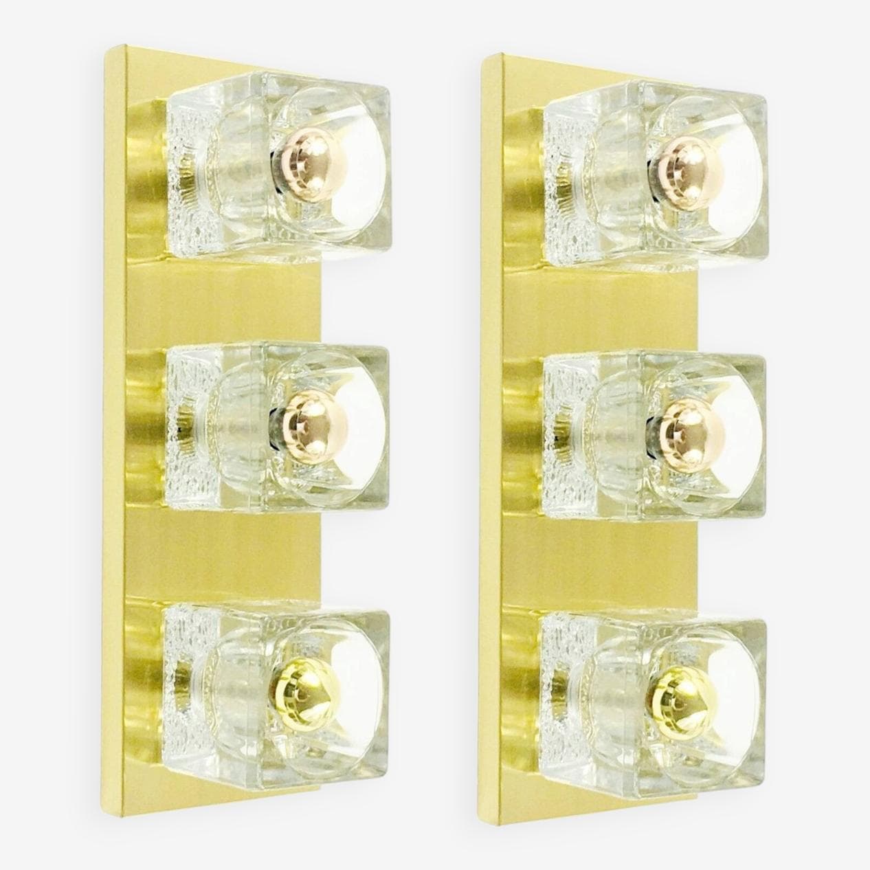 Para kinkietów, kryształ transparentny, mosiądz złoty, Peill & Putzler, Niemcy, lata 70. - 296012