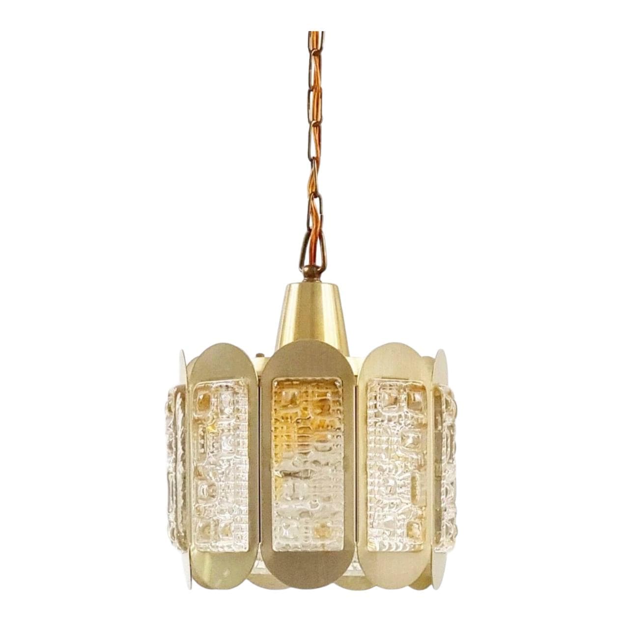 Lampa wisząca, szkło przezroczyste i bursztynowe, mosiądz złoty, Vitrika, Dania, lata 60.