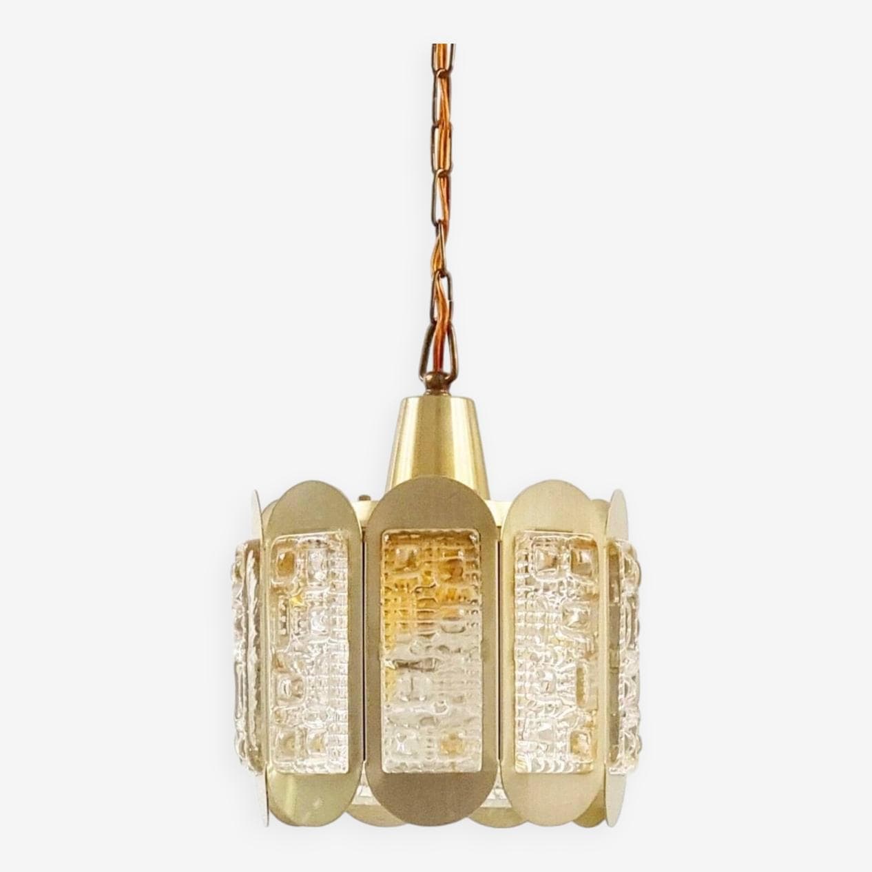 Lampa wisząca, szkło przezroczyste i bursztynowe, mosiądz złoty, Vitrika, Dania, lata 60. - 295970