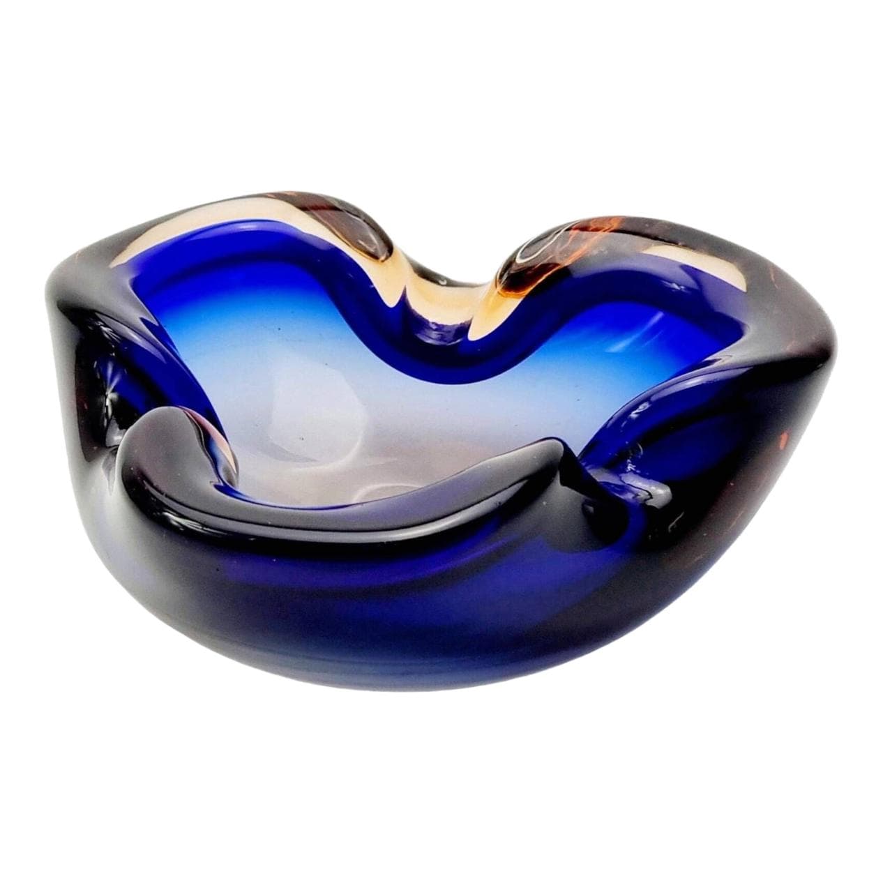 Decorative Bowl Sommerso, blue transparent orange glass crystal, by F. Poli, Italy, 1970s