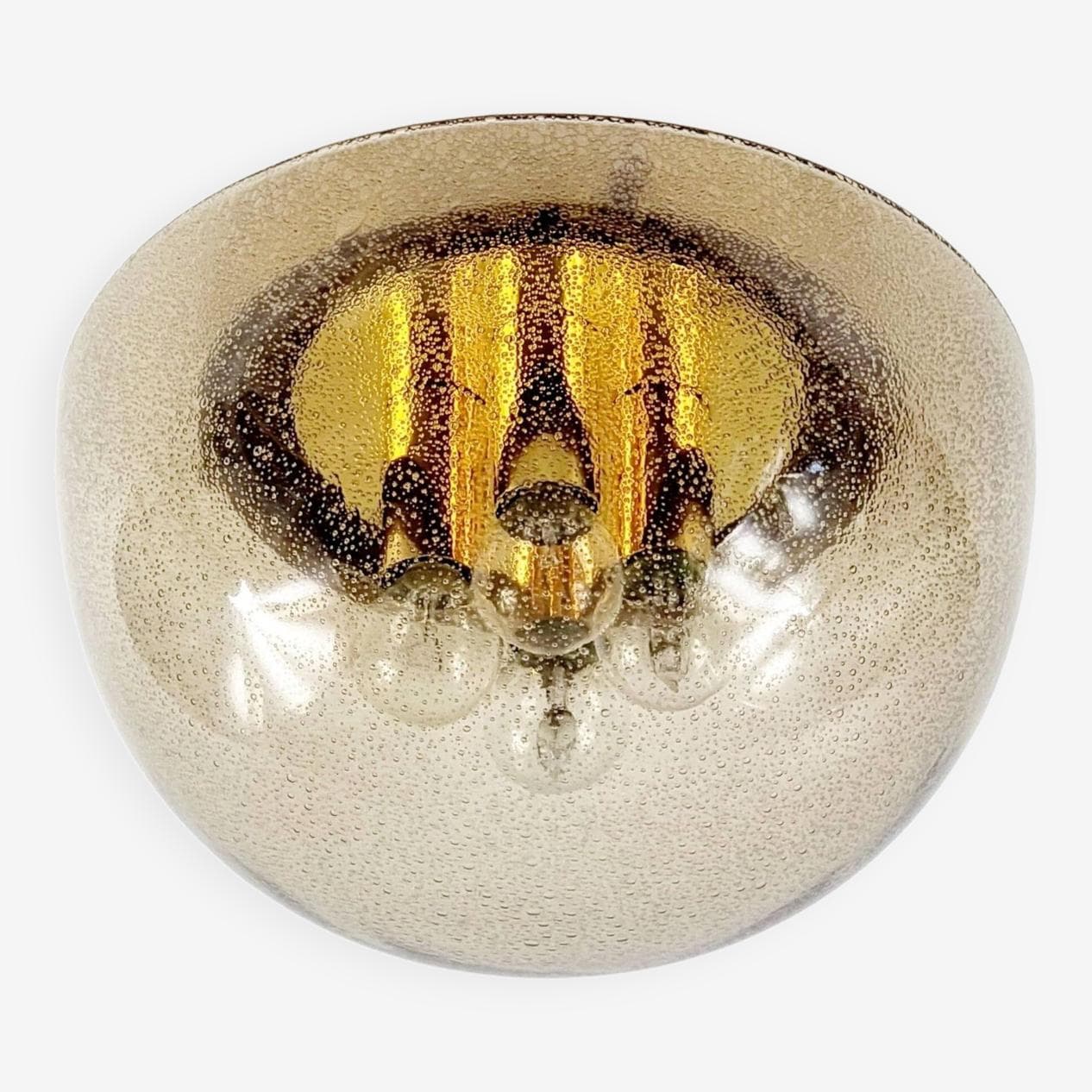 Lampa sufitowa grzybek, szkło bursztynowe, mosiądz złoty, Niemcy, lata 70. - 295916