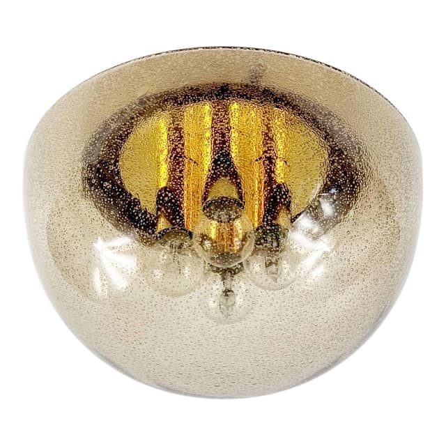 Lampa sufitowa grzybek, szkło bursztynowe, mosiądz złoty, Niemcy, lata 70. - WYMIARY