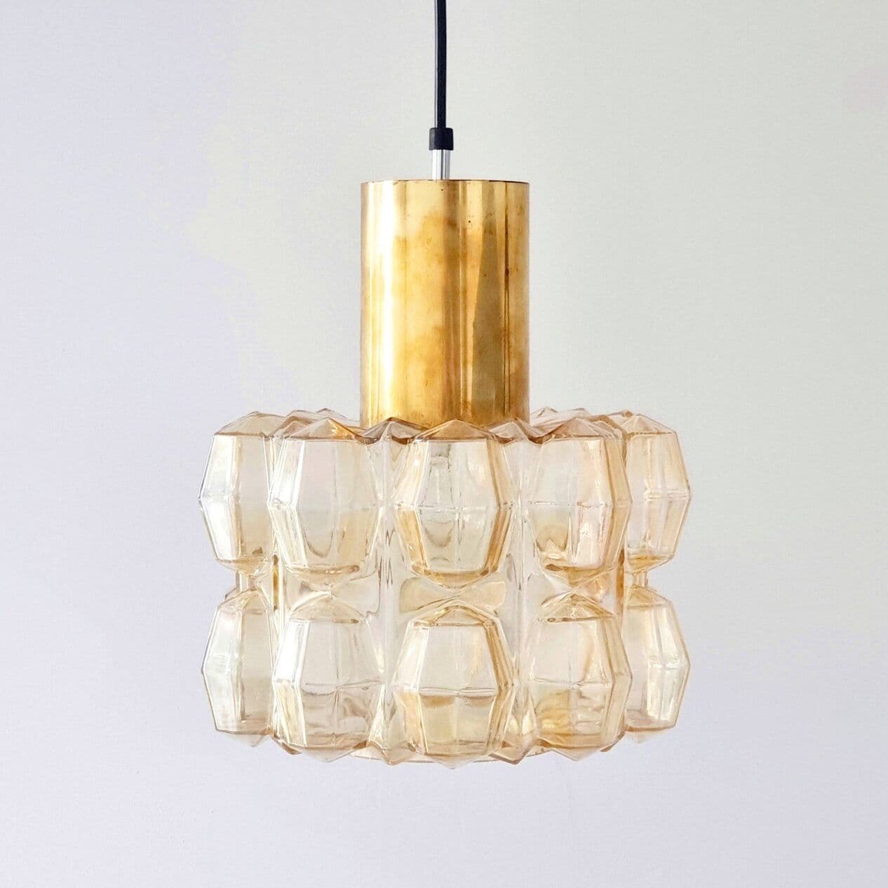 Lampa sufitowa, szkło złote, mosiądz, proj. H. Tynell, Limburg, Niemcy, lata 60. - 295904
